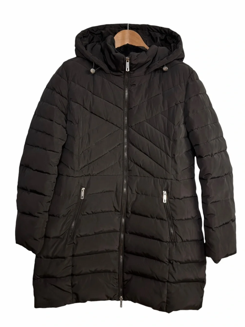 Kenneth Cole Reaction Black Hooded Long Puffer Coat Quilted Zip Jacket Large